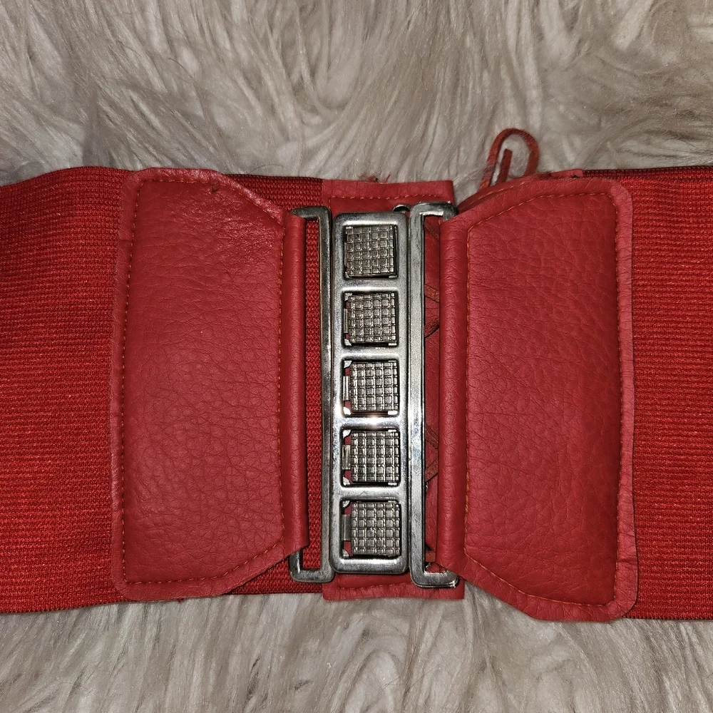 Vintage 1980s Red Corset Waist Belt | Wide Elastic Cinch Belt | Lace Back | 33